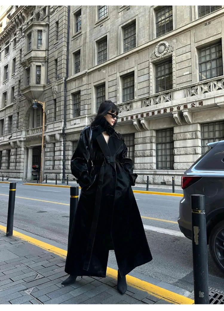 Lautaro Spring Autumn Extra Long Oversized Cool Reflective Shiny Black Patent Leather Trench Coat for Women Belt Runway Fashion