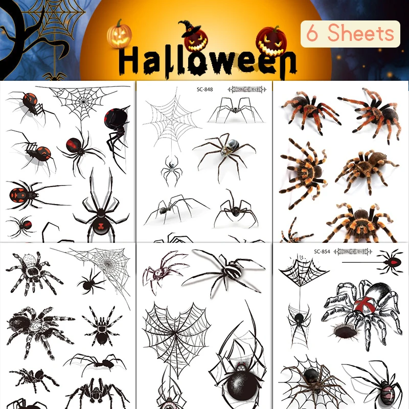 6 Sheets 3D Halloween Spider Tattoo Stickers - Realistic Spiders with Black Spider Web & Sharp Teeth, Temporary Body Art Tattoos