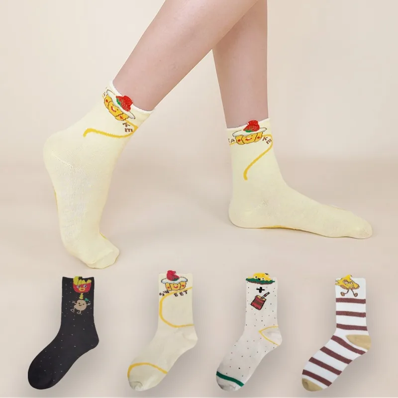 Women Socks Cartoon Burger Fries Cake Cute Socks Cotton Solar System All-match Breathable Fashion Sports Kawaii Crew Socks