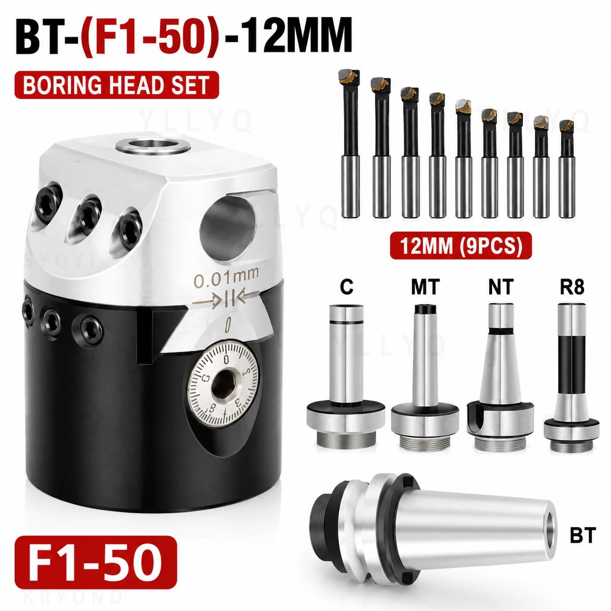 F1 Precision Boring Head Set 50mm 75mm 100mm with 12mm 18mm 25mm Boring Bars for Lathe and Milling Machine Applications