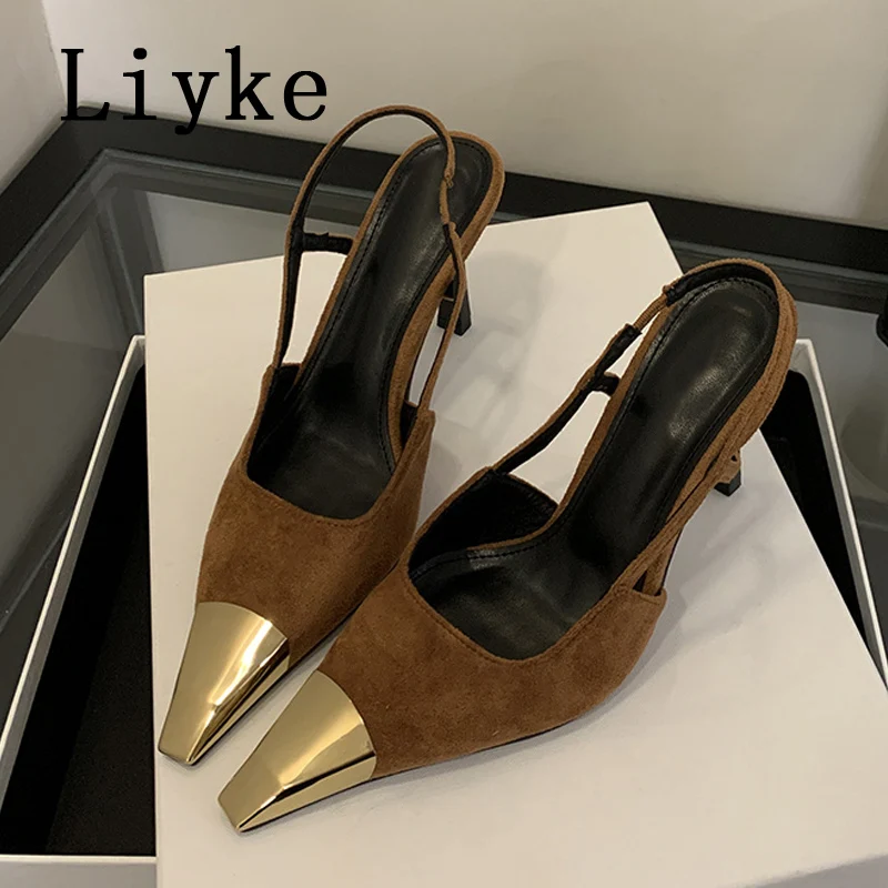 Liyke Sexy Slingback Sandal Female Design Metal Pointed Toe Stiletto High Heels Party Prom Shoes Women Pumps Zapatos Mujer