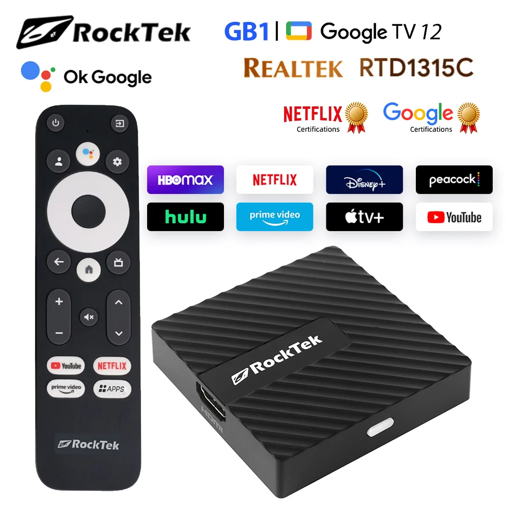 RockTek GB1 TV Dongle Netflix Google معتمد 2GB DDR4 16GB eMMC Realtek1315C A55 يدعم Dolby Atmos Vision 2T2R Wifi BT5.0