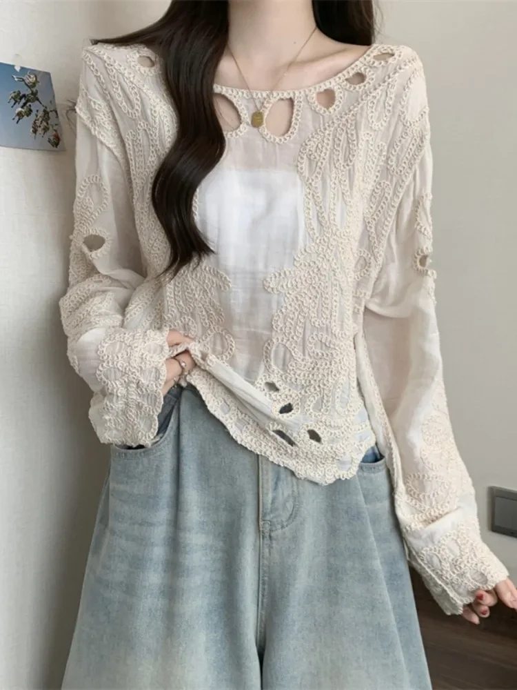 Oversized Design Shirts Solid Color Hollow Out Embroidery Long Sleeve Spring Autumn Blouses Fashion Vintage 2024 Women Clothing