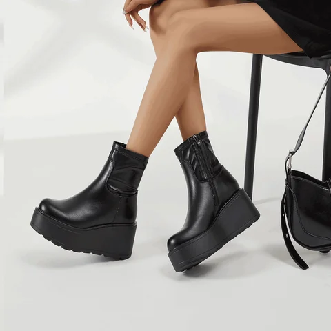 Botas Chelsea de plataforma cómodas para mujer, de cuero sintético, con tacón de cuña, cierre lateral, forro de piel, ideales para otoño e invierno.
