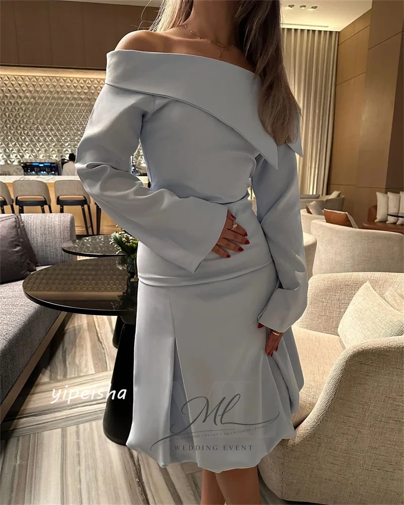 

ML Elegant Blue Short Evening Party Dresses Long Sleeves Off the Shoulder Knee Length Prom Gowns Special Ocaccasion Customized