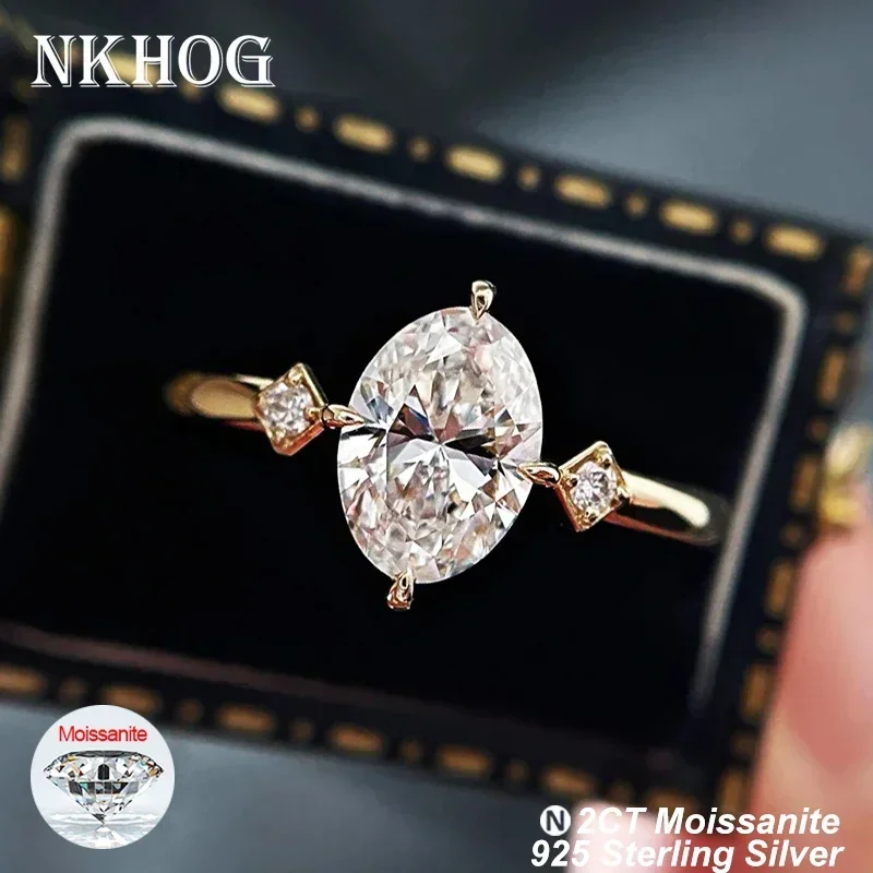 NKHOG 2Carat Oval Cut Moissanite Rings S925 Silver 18K Gold Plated for Women Engagement Wedding Bands Fine Jewelry GRA Certified