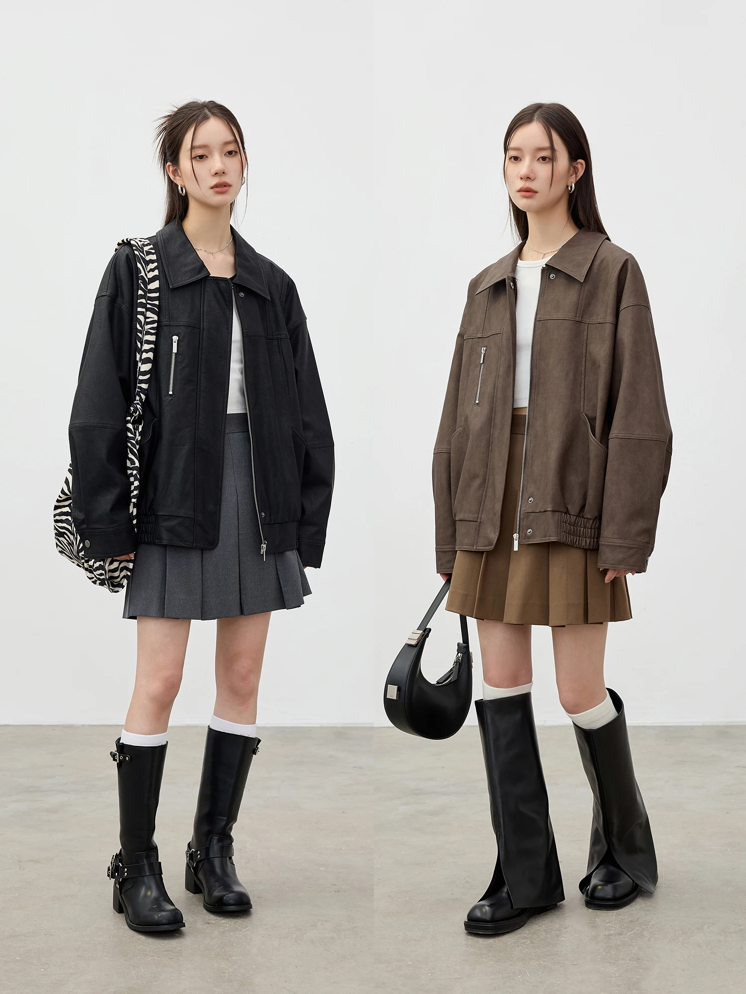 เสื้อแจ็คเก็ตหนังสไตล์เรโทร ซิปแบบด้าน ทรงหลวม แขนยาว ปกพับ แฟชั่นฤดูใบไม้ร่วงแบบดั้งเดิม