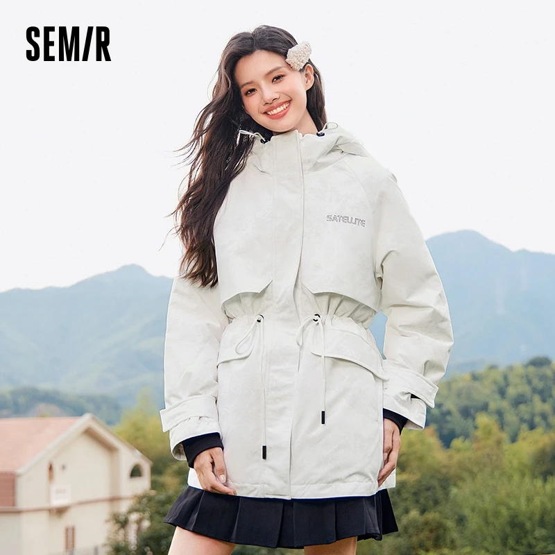 Semir Down Jacket Women Mid-Length Waist-Adjusting Three-Defense Winter Embroidery Loose Hooded Coat