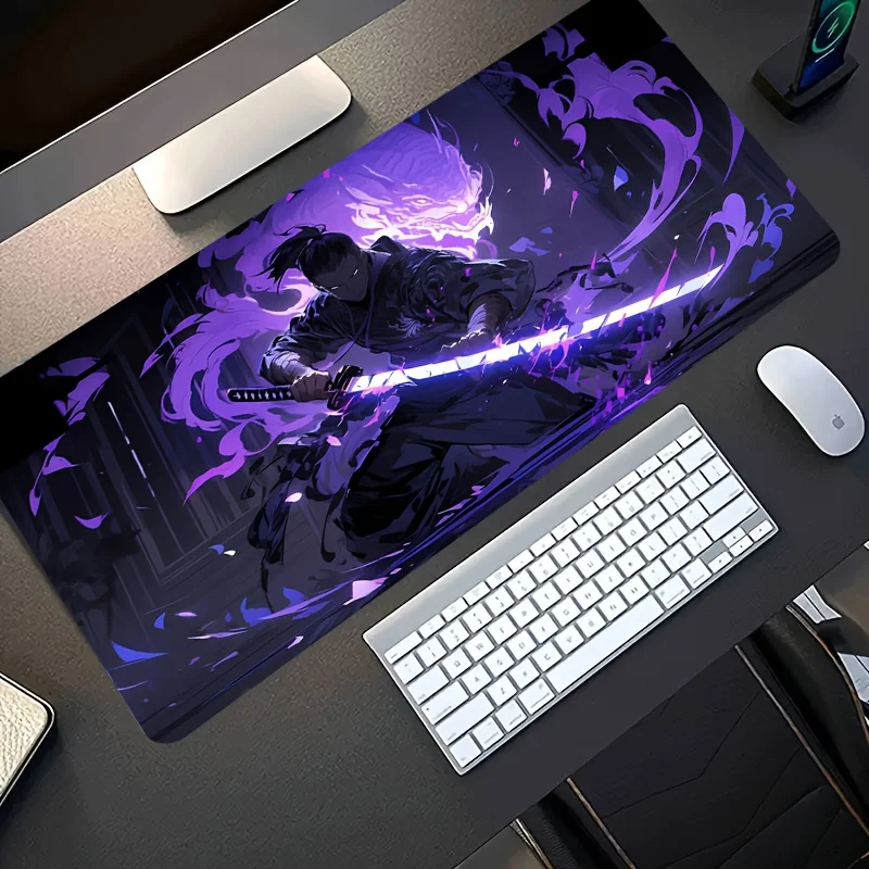 XXL Gaming Mouse Pad, Purple Flame Samurai Dragon Art, Non-Slip Washable Rubber Desk Mat for Office Laptop