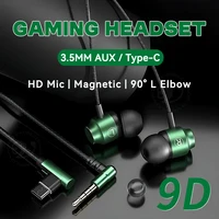 Écouteurs de jeu de basse lourde 9D HIFI 3.5MM AUX/Type-C 90 °   Écouteurs de musique magnétiques en métal coudé L avec casques intra-auriculaires micro pour Android 4