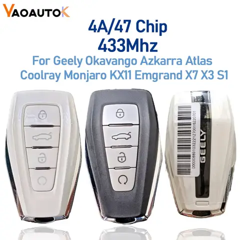 스마트 원격 키 오리지널 자동차 키리스 칩, Geely Okavango Azkarra Atlas Coolray Monjara KX11 Emgrand X7 X3 S1, 433Mhz 4A/47