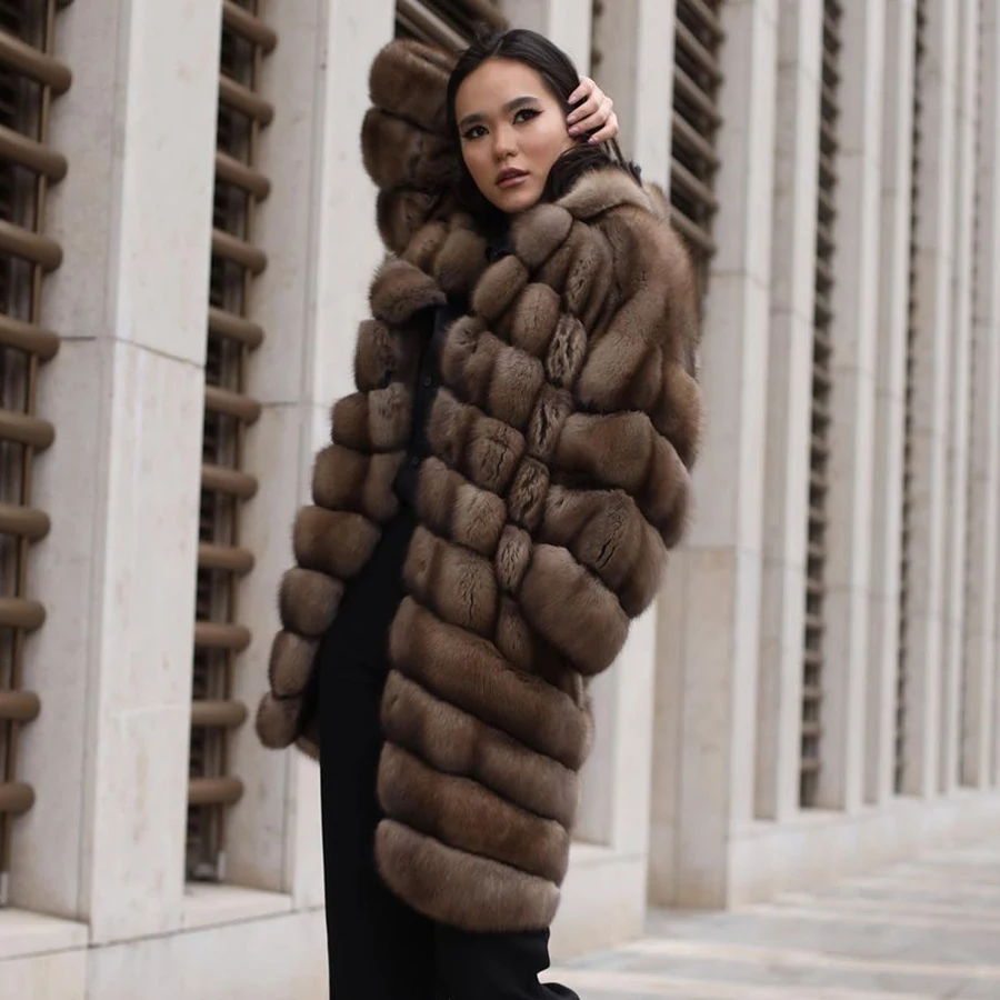 

Women Fox Fur Coat With Lapel Best Seller Warm Natural Fox Fur Coats Winter Mid-Length Genuine Fur Jacket