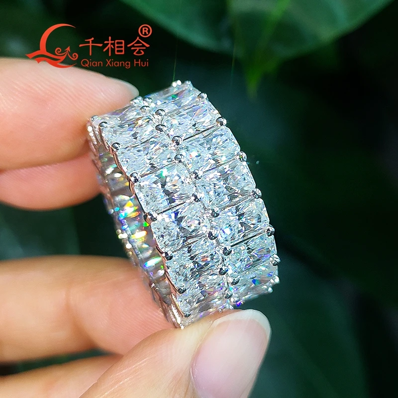 12mm width 4*6mm radiant shape double raws Full Eternity Ring Silver Moissanite Ring Men women wedding datting gift fine Jewelry