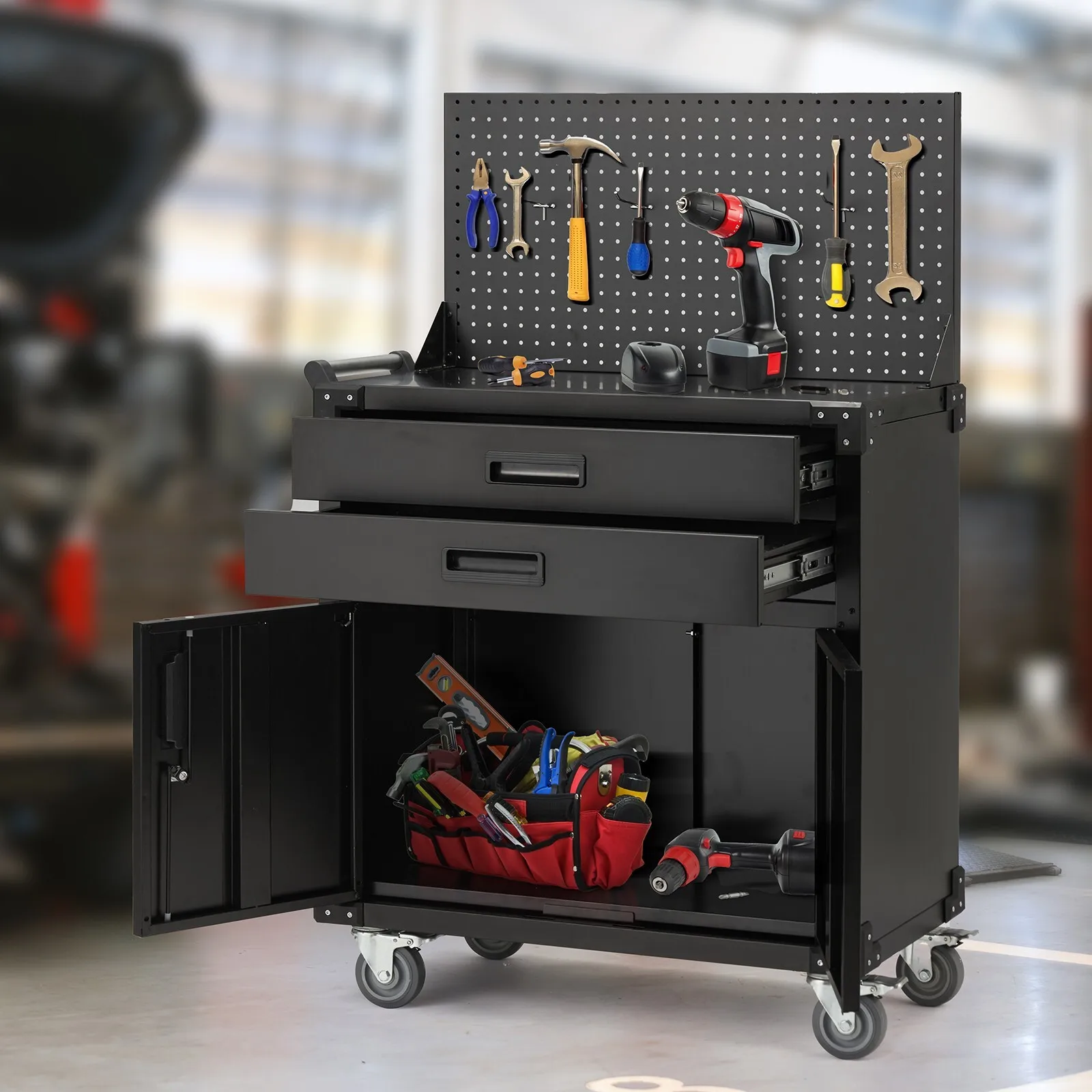 51.8" Mobile Workbench with Pegboard & Drawers