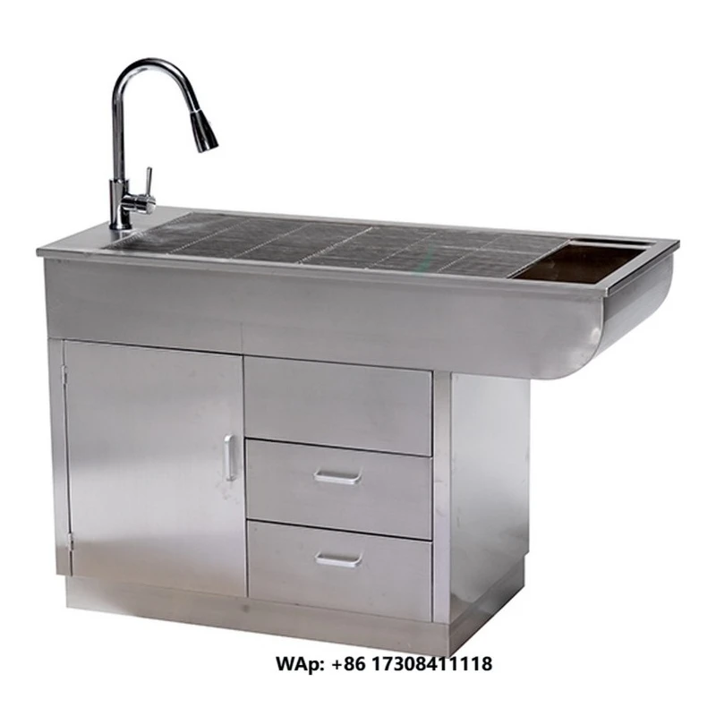 304 Stainless Steel Veterinary Disposal Table Pet Grooming Bath Table with Sink Faucet Storage Drawers Drainage System