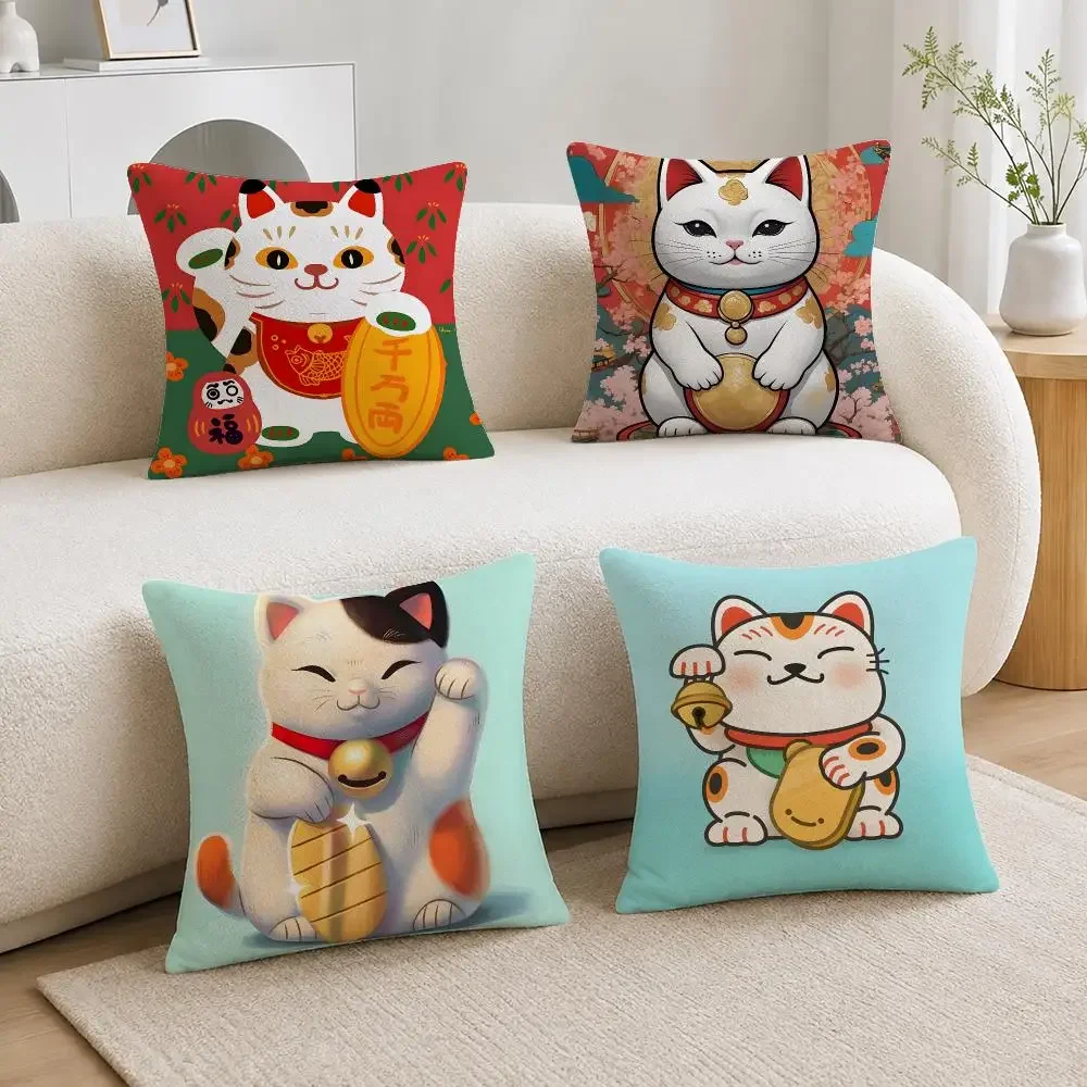 Pattern Maneki Neko Rich Luck Money Cat Cushion Cover Soft Plus Fluffy Throw Pillow Cases for Sofa Bedroom Home Decor