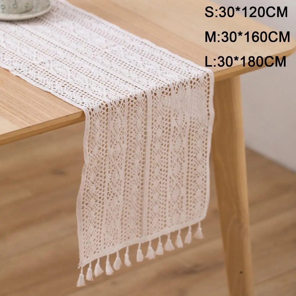 Vintage Crochet Lace Table Runner Cotton Blended Fabric Christmas  Coffee Table Decor Tablecloth with Tassel Home Wedding Decor