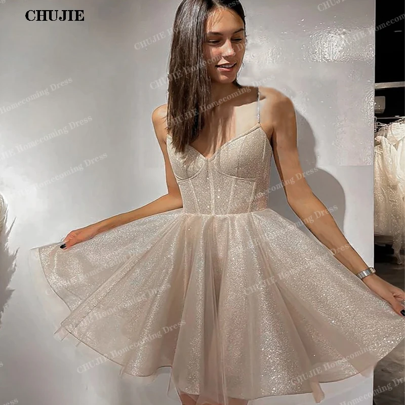 

Glitter Mini Women Homecoming Dresses Cocktail Dress A Line Spaghetti Straps Wedding Evening Party Gowns Vestido de Graduación