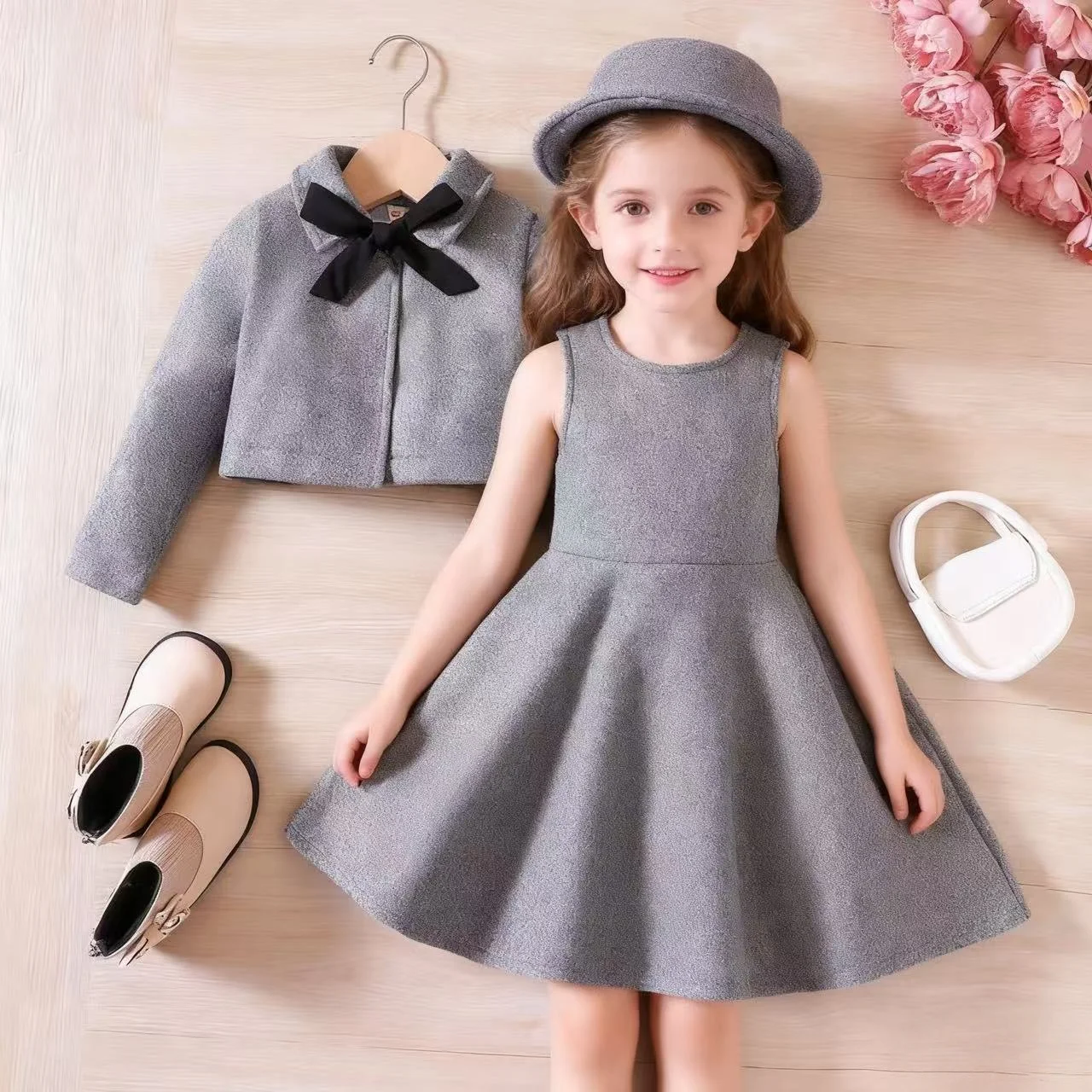 

Детская одежда для девочек, осенне-зимняя рождественская одежда, комплект из 3 предметов, твидовая куртка с бантом + жилет, платье + берет, детская одежда от 2 до 7 лет