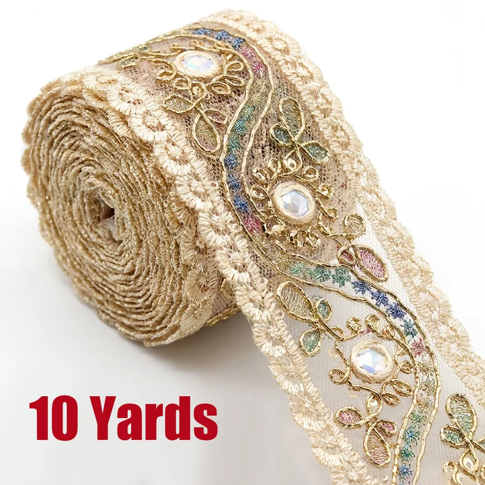 1 Roll 10Yards,1.97 Inch Width Beige Embroidered Lace Trim Ribbon with Rhinestones,Retro Court Style