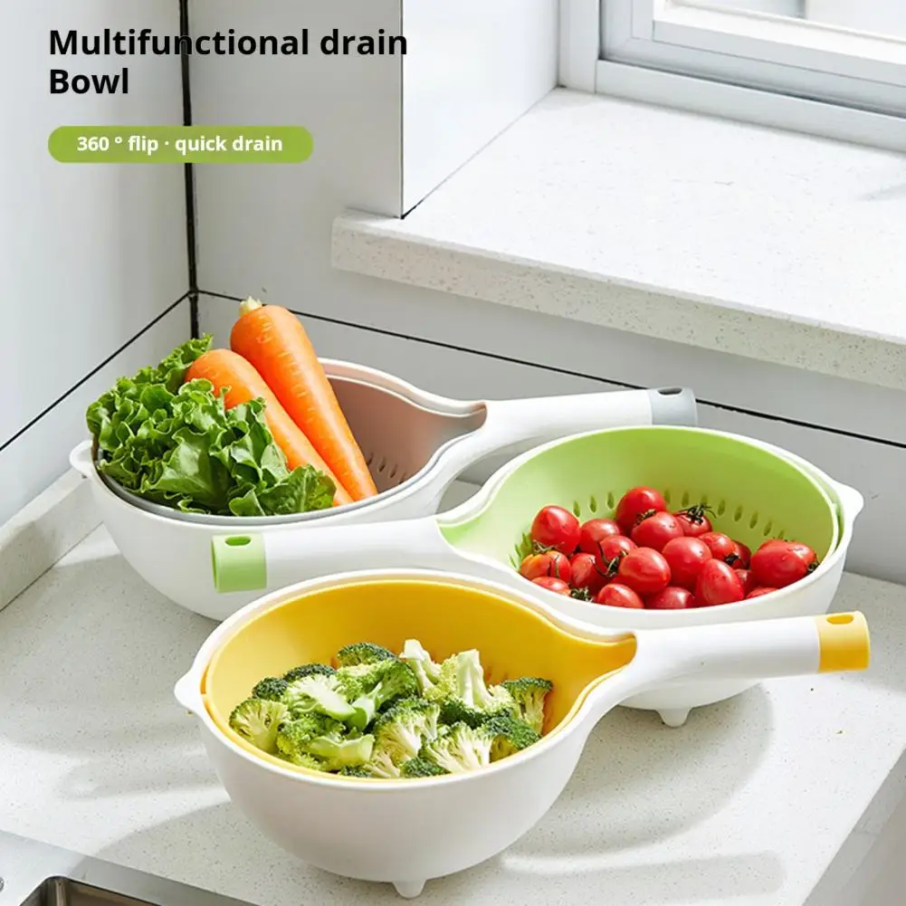 Long Handle Drain Basket Quick Draining Double Layer Drain Basket with Long Handle for Fruit Storage Food Grade Bpa Free Tilt