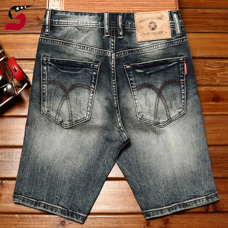 

High-end summer denim shorts men's slim-fit stretch casual all-matching fashion street distressed trend motorcycle shorts