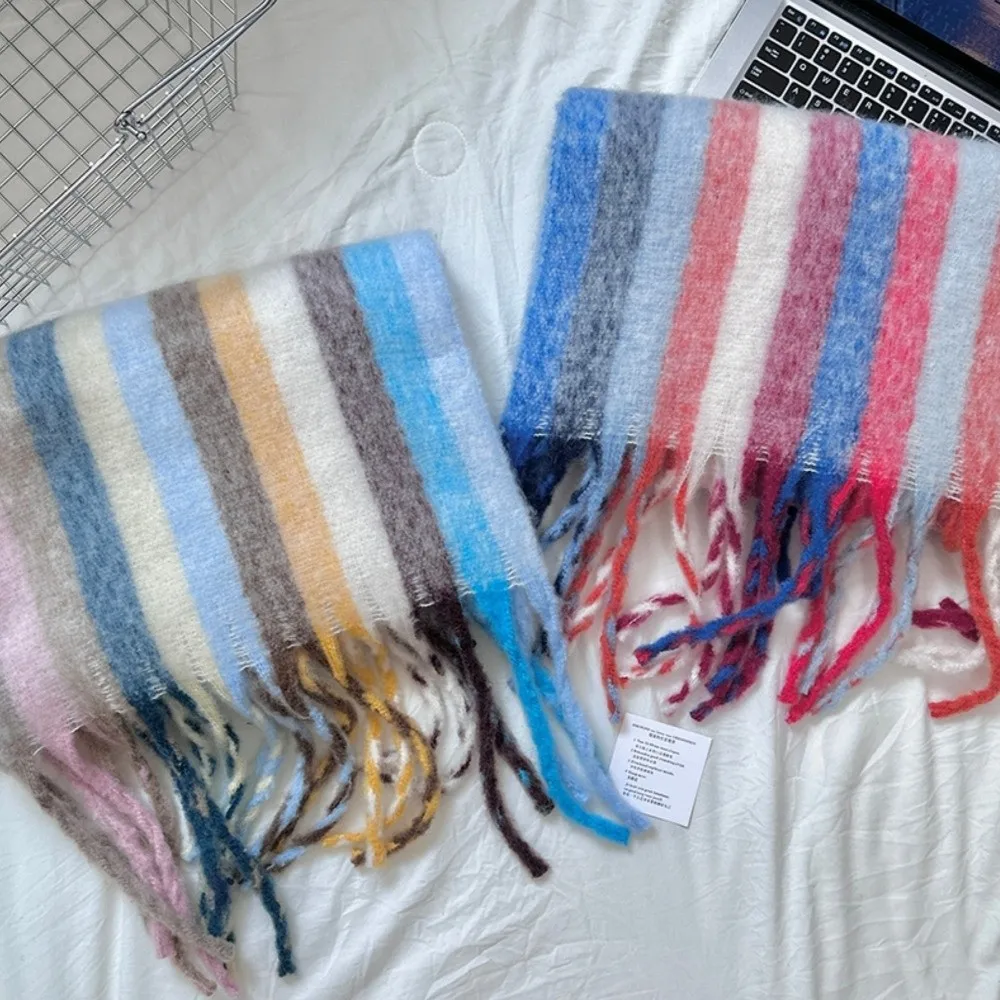 Fashionable Soft Grid Scarf Thickening Mohair Winter Cashmere Scarf Neck Warmer Rainbow Tassel Plaid Scarf for Women Men