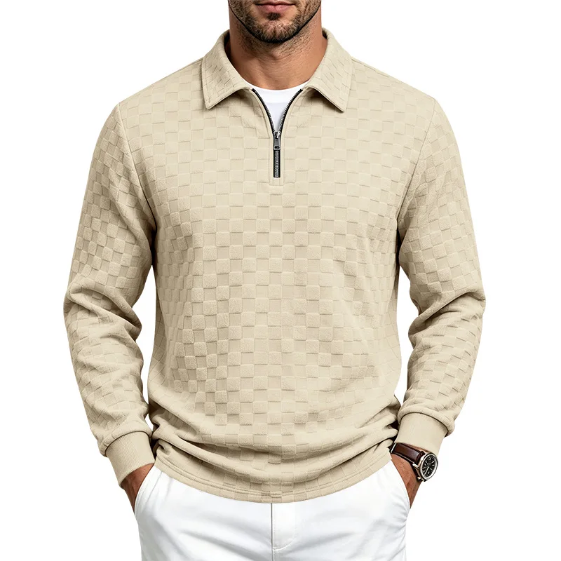 Men Autumn Chessboard Jacquard Polo Shirt Quarter Zip Lapel Collar Long Sleeve Loose Fit Knit Pullover Casual Men Knitted Top