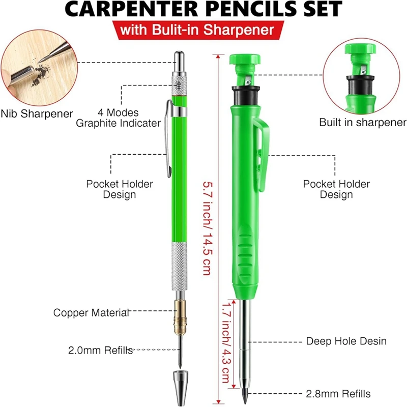 ดินสอกลแบบ2-in-1ของช่างไม้7ชิ้นพร้อมหัวสว่านพลาสติกคาร์ไบด์แบบแข็งและรูลึกสำหรับโครงการ DIY ของสถาปนิก