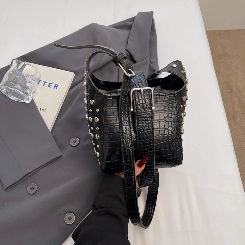 

Small Rivets PU Leather Bucket Bags for Women 2025 Y2K New Luxury Shoulder Crossbody Bag Females Handbags and Purses