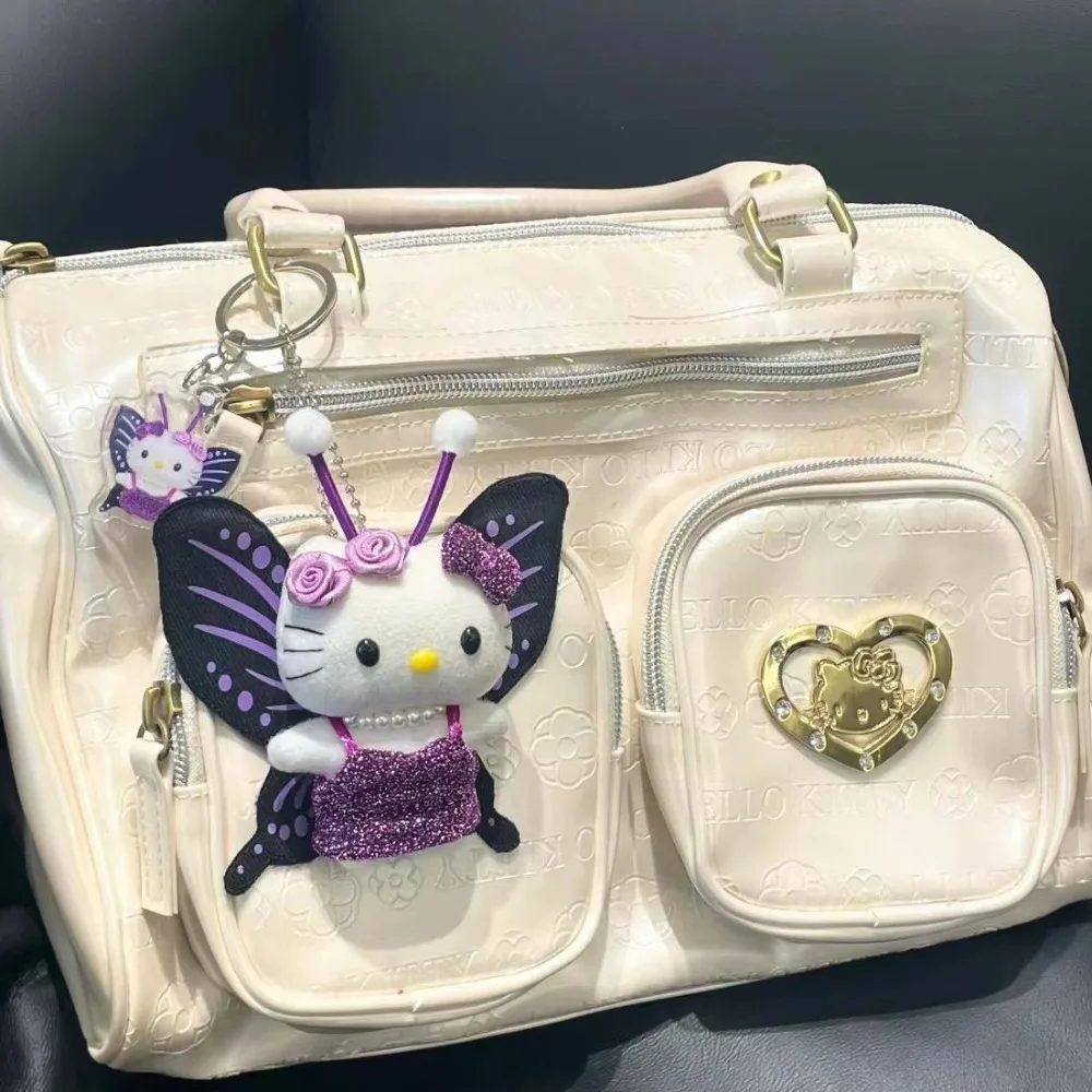 Olá kitty chaveiro de pelúcia miniso genuíno japonês novo bonito vintage preto borboleta saco de fadas pingente boneca acessórios presente