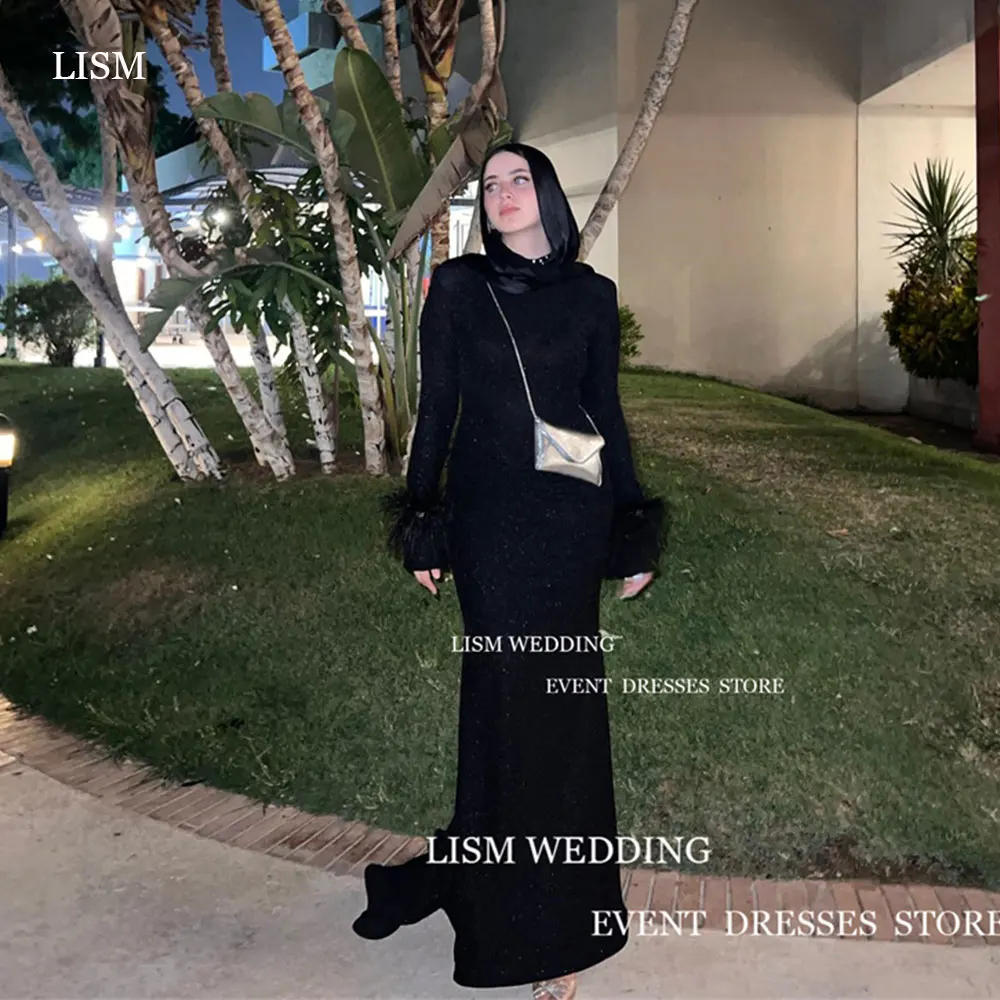 

LISM Vintage Black Sequin Evening Dress Long Velour Mermaid Prom Gown With Hijab High Neck Saudi Arabia Formal Occasion Dresses