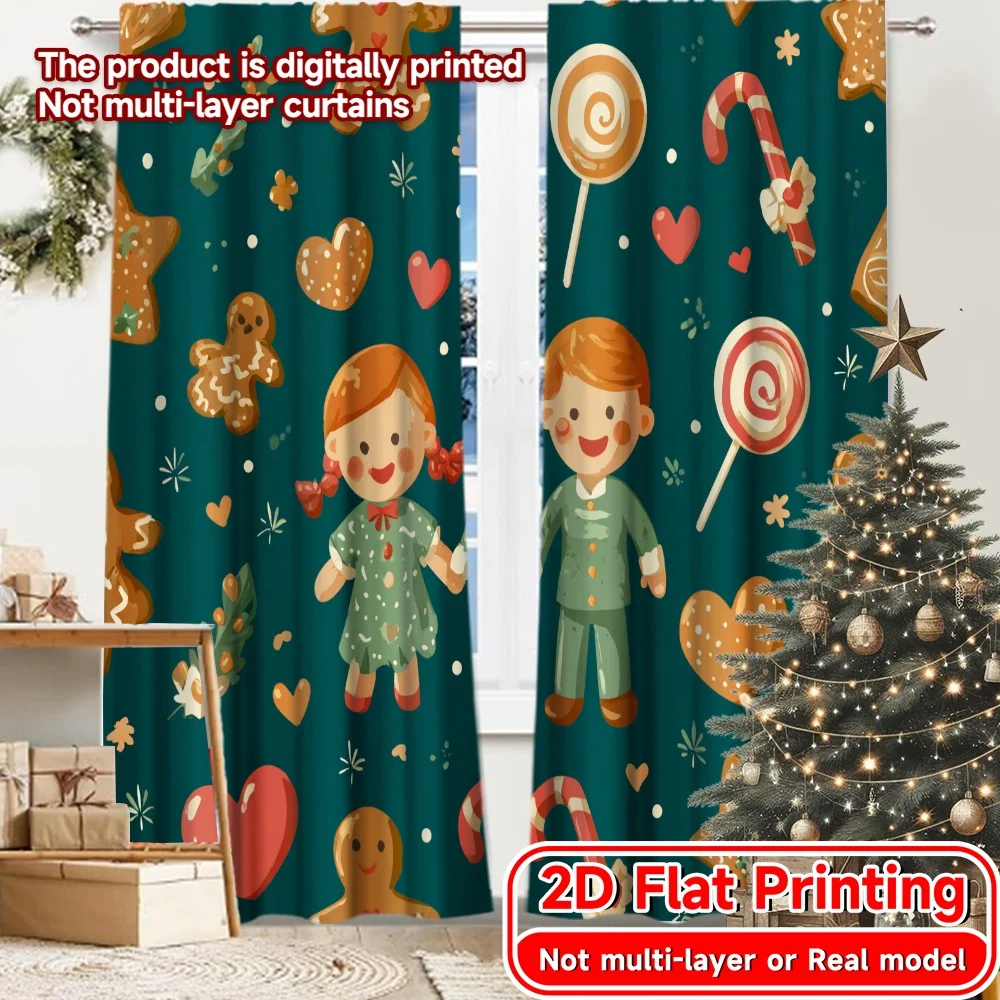 2D Flat Printing,2pcs Gingerbread Joy(1) Popular Window Curtain 100% Polyester Curtains Room Decor Perfect for Semi-Transparent