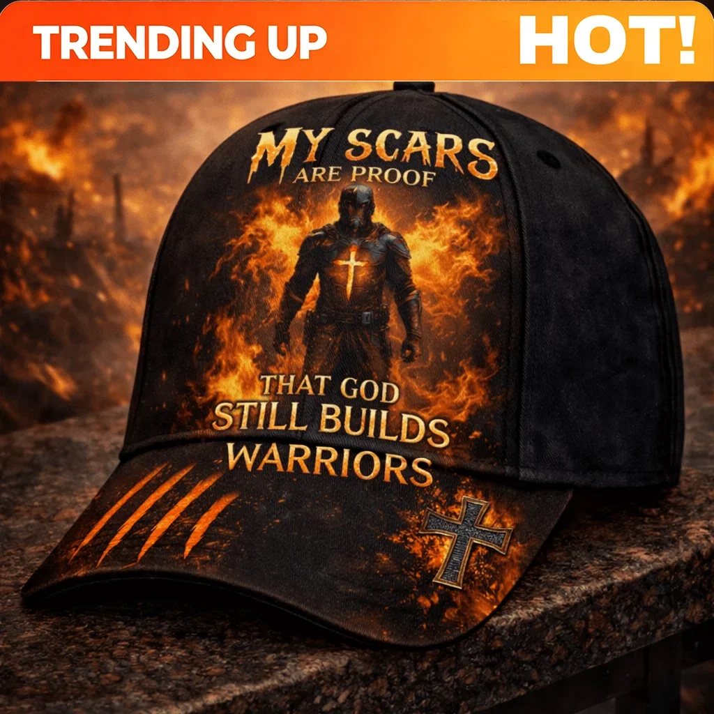 Christian Warrior Quotes Baseball Cap: 'My Scars Are Proof That God Is Still Shaping Warriors.' Features a Flame Warrior Design