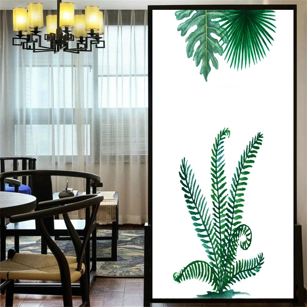 Static Cling Privacy Windows Film Decorative Green Plants Leaves Stained Glass Window Stickers   Frosted Window Cling Tint