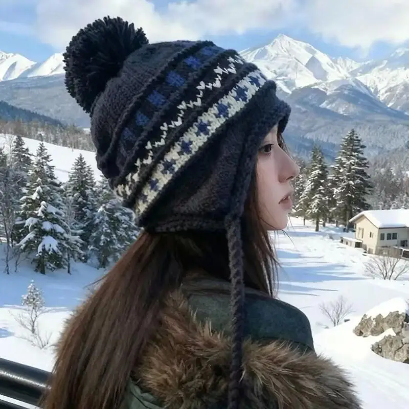 Knitted Earflap Hat with Faux Fur Edge Geometric Pattern Thick Warm Winter Hat for Skiing Hiking Outdoor Adventures