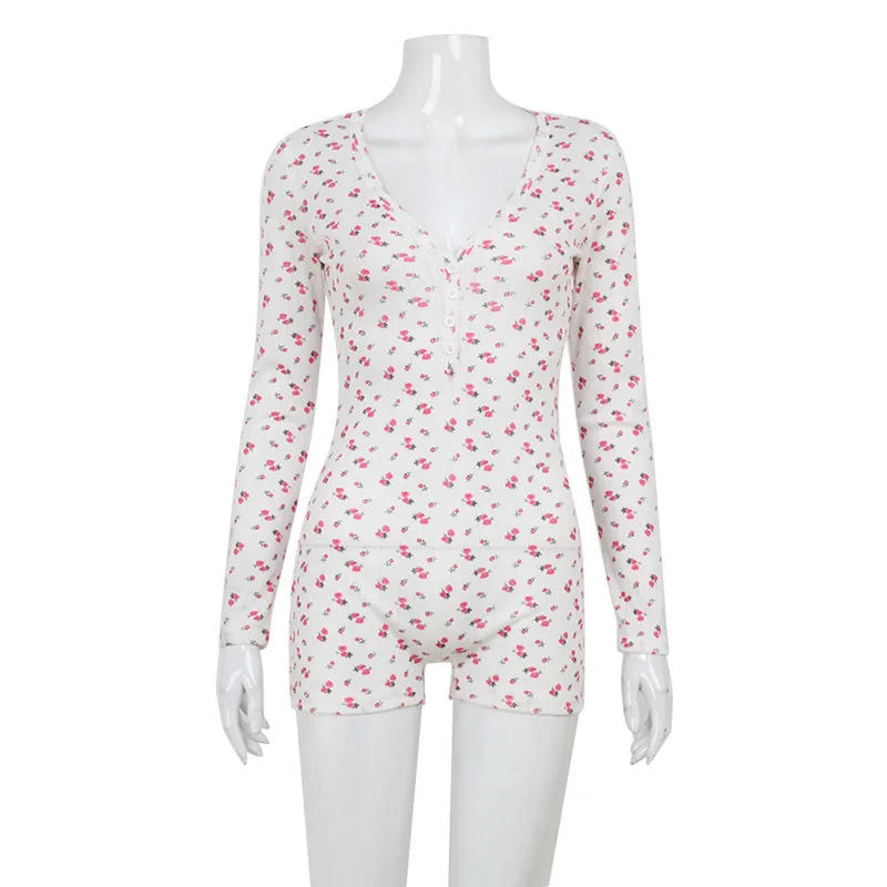 Casual Women Playsuits O-Neck Regular Long Sleeves Print Single Breasted Skinny Homewear Floral Sweet Femlae Rompers