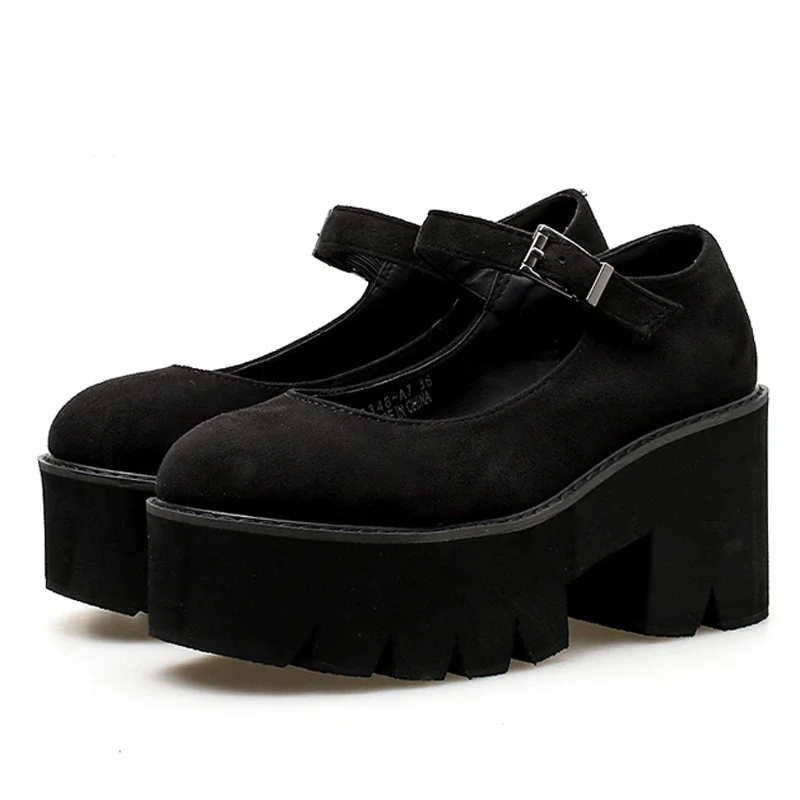 

Chunky heel platforms High Heels Buckle Casual Shoes Woman Black Round Toe Platform shoes New arrive 2024 Spring shoes