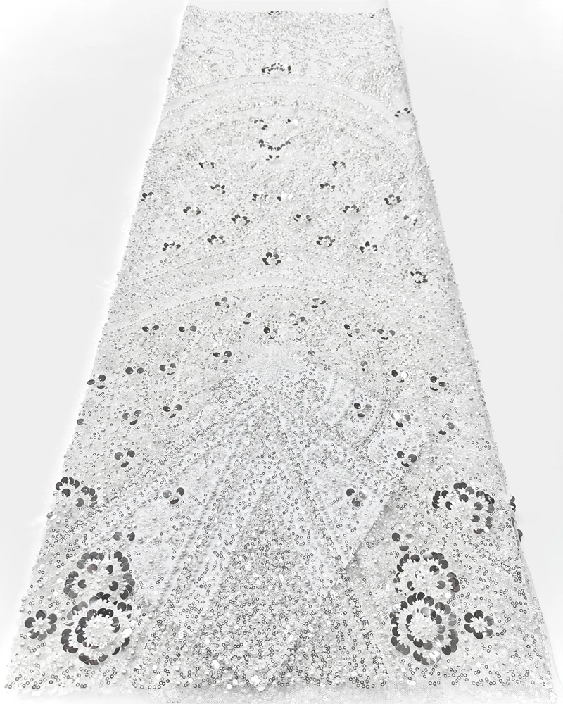 

High Quality African Sequins Lace Fabric Nigerian French Tulle Beaded Embroidery Lace For Party Luxury Dress