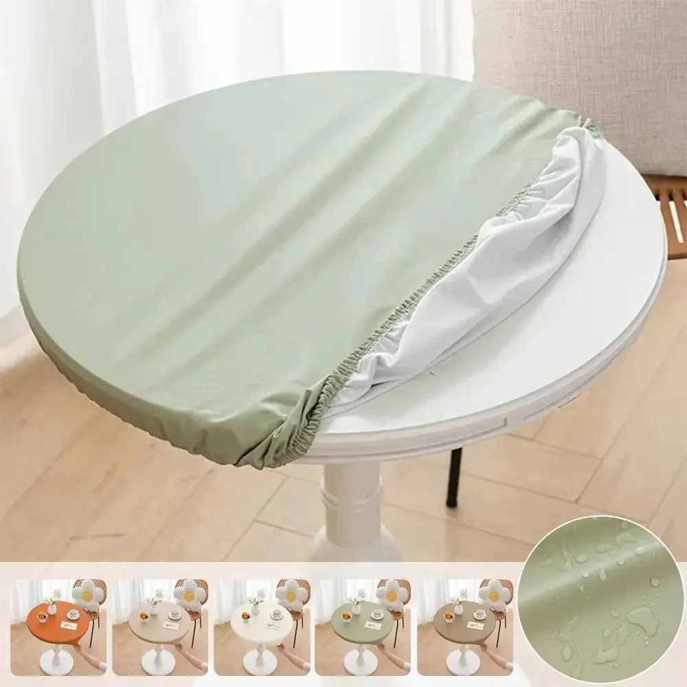 PU Leather Stretch Tablecloth Oil Proof Waterproof Round Table Cover Wear-resistant 60/80cm Desktop Cover Household