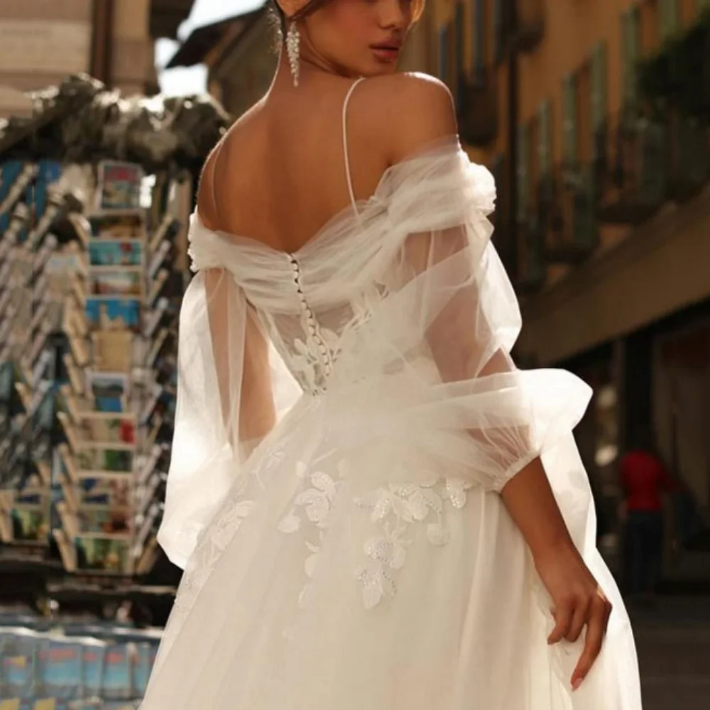 Vestidos de casamento modernos personalizados uma linha querida tule apliques vestido de noiva alças espaguete sem costas vestidos novia