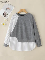 ZANZEA Fashion Women Long Sleeve Striped Sweatshirts Autumn Hoodies Tops Casual Patchwork Pullover Korean Sweatshirt Sweater