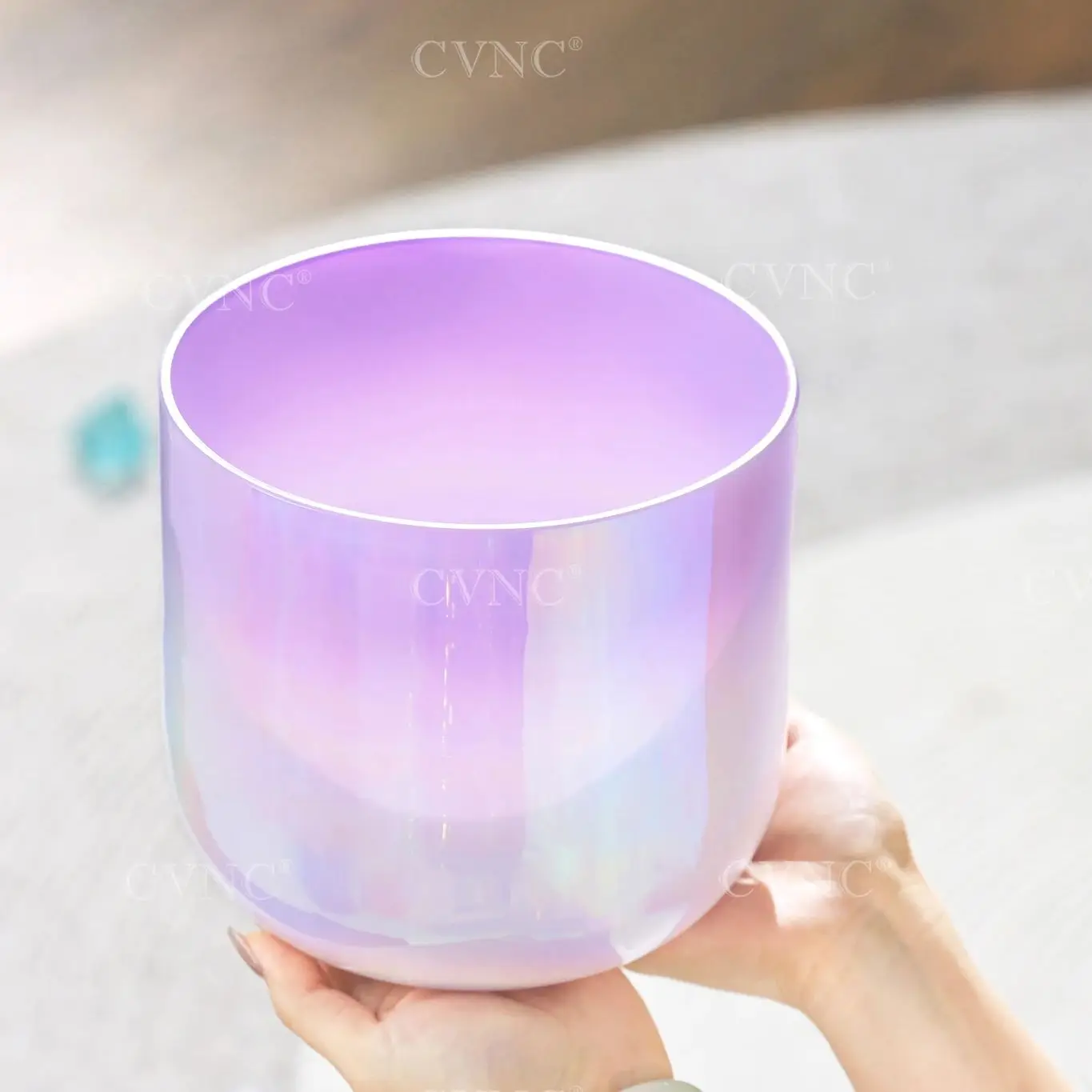 CVNC 7 Inch Dream Purple Nebula Color Alchemy Clear Quartz Crystal Singing Bowl for Sound Healing and Meditation with Mallet