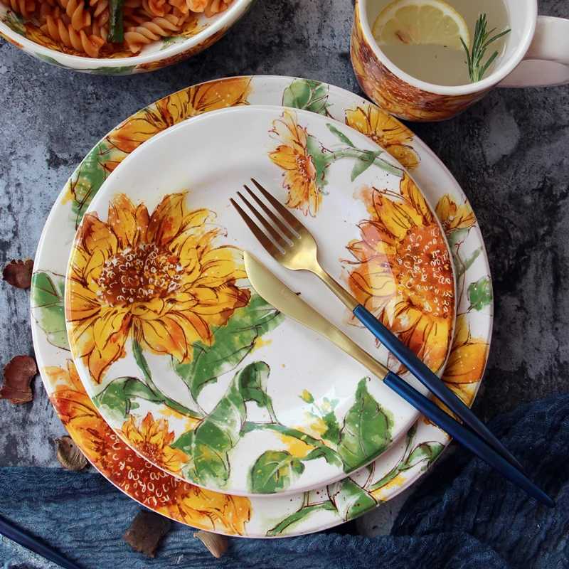 Sunflower Pattern Ceramic Dinner Plate American Country Ceramic Dish Decoration Plate Home Kitchen Tableware Table Decoration