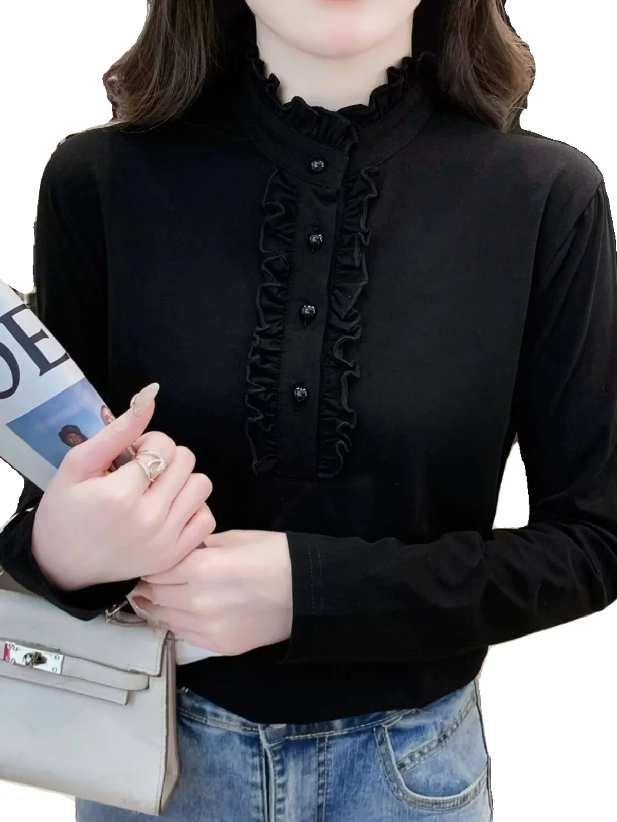 เสื้อผู้หญิงแบบมีซับใน คอตั้ง ทรงพอดีตัว ใส่เป็นเสื้อตัวในได้ เหมาะสำหรับฤดูใบไม้ร่วงและฤดูหนาว ให้ความอบอุ่น สวมใส่สบาย สไตล์ลำลอง สีพื้น แขนยาว