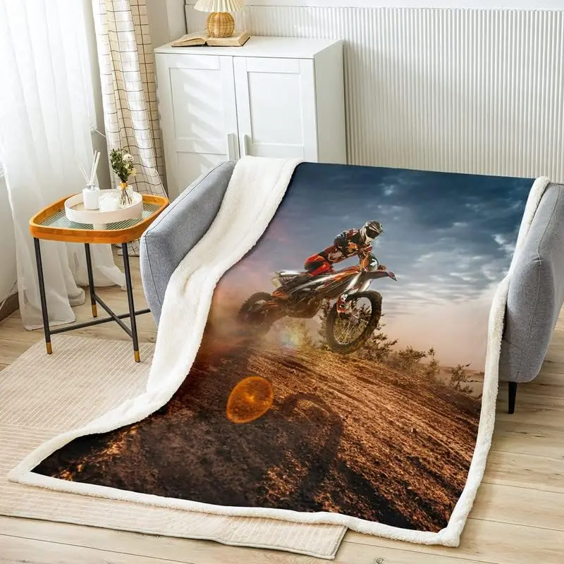 Dirt Bike Fleece Throw Blanket for Bed Sofa CouchKids Extreme Sports Plush Blanket Room Decorative Cool Racing Motocross