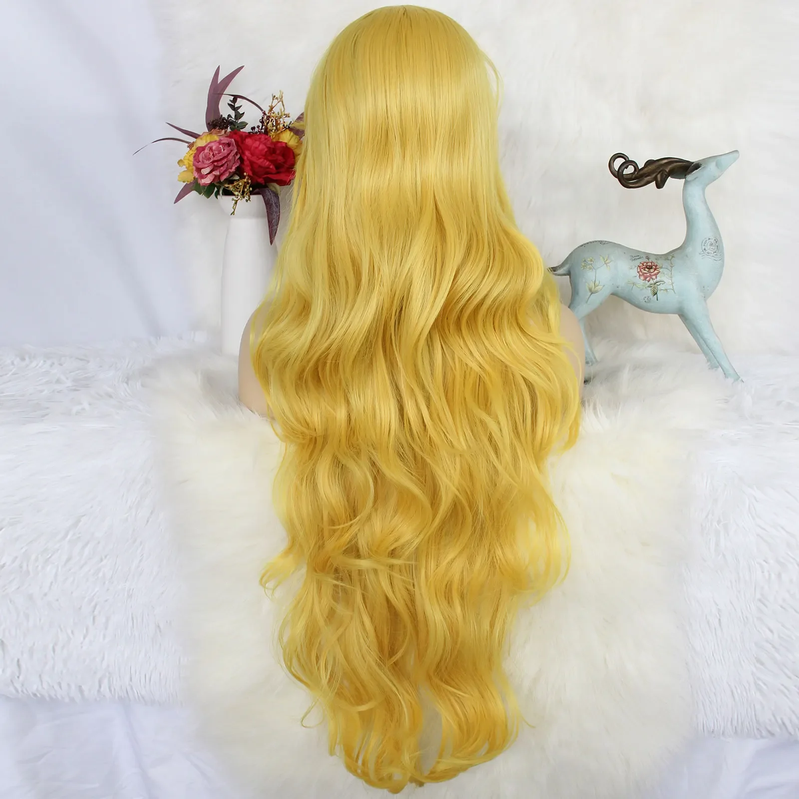 Synthetic hair 30 inches long yellow, loose body wavy and sexy wig with flat bangs, suitable for women\'s daily gatherings.