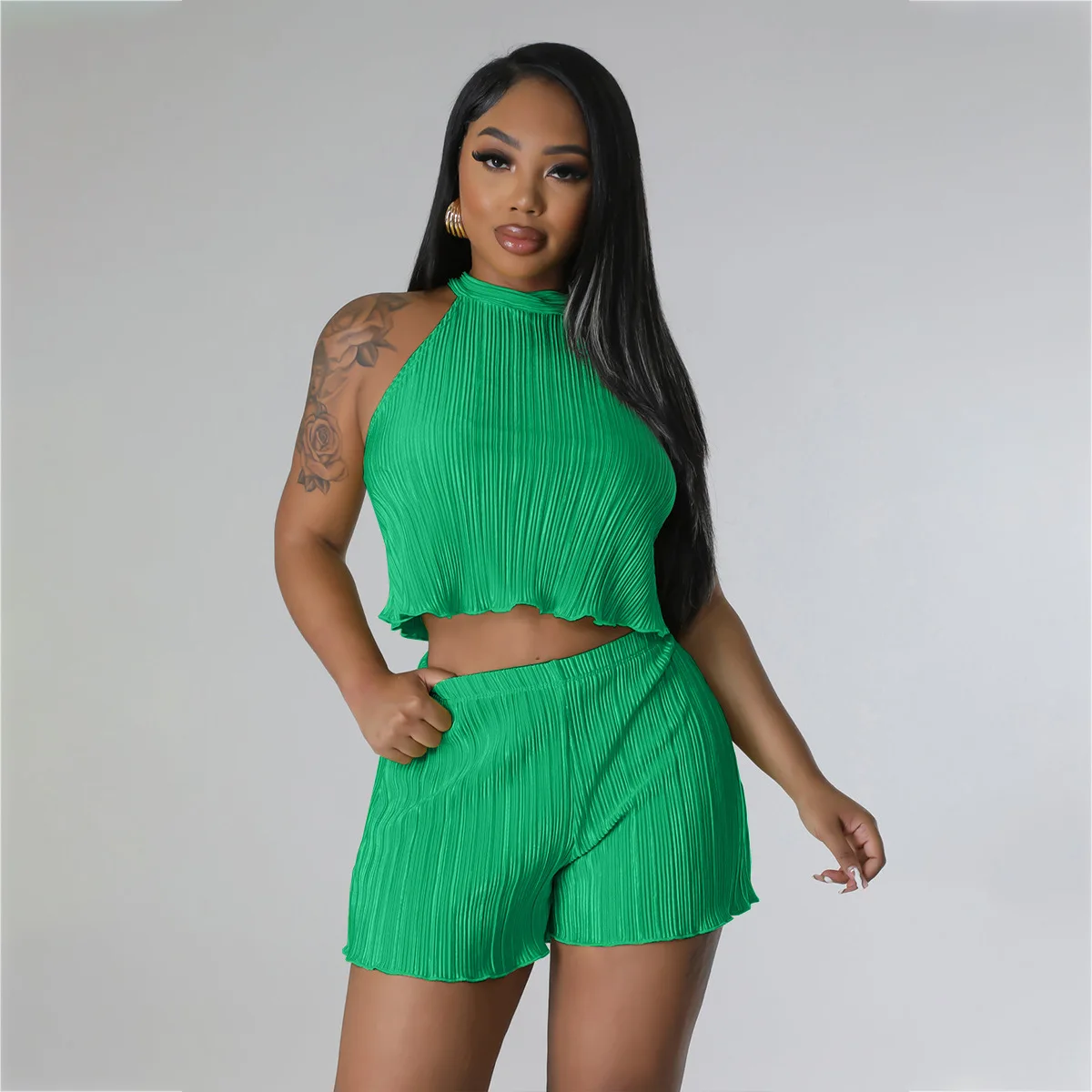 SKMY Clothes For Women Summer Casual Pleated Fabric Sleeveless Vest Crop Tops And Shorts Two Piece Sets Outfits Solid Color