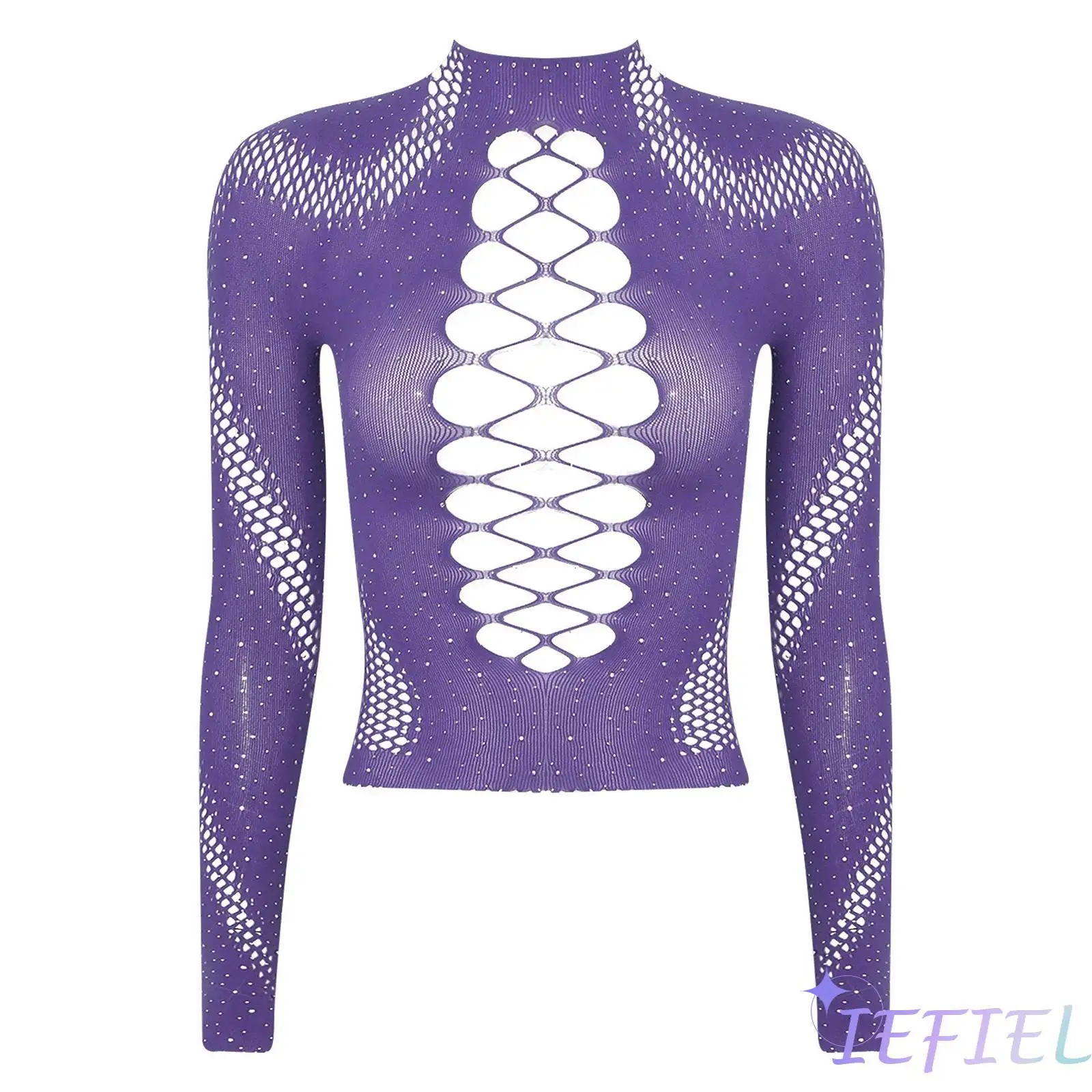 

Womens Fashion Party Top Embellished Fishnet See Through Long Sleeve Hollow Out Stretchy Blouse Cover Up Pole Dancing Clubwear