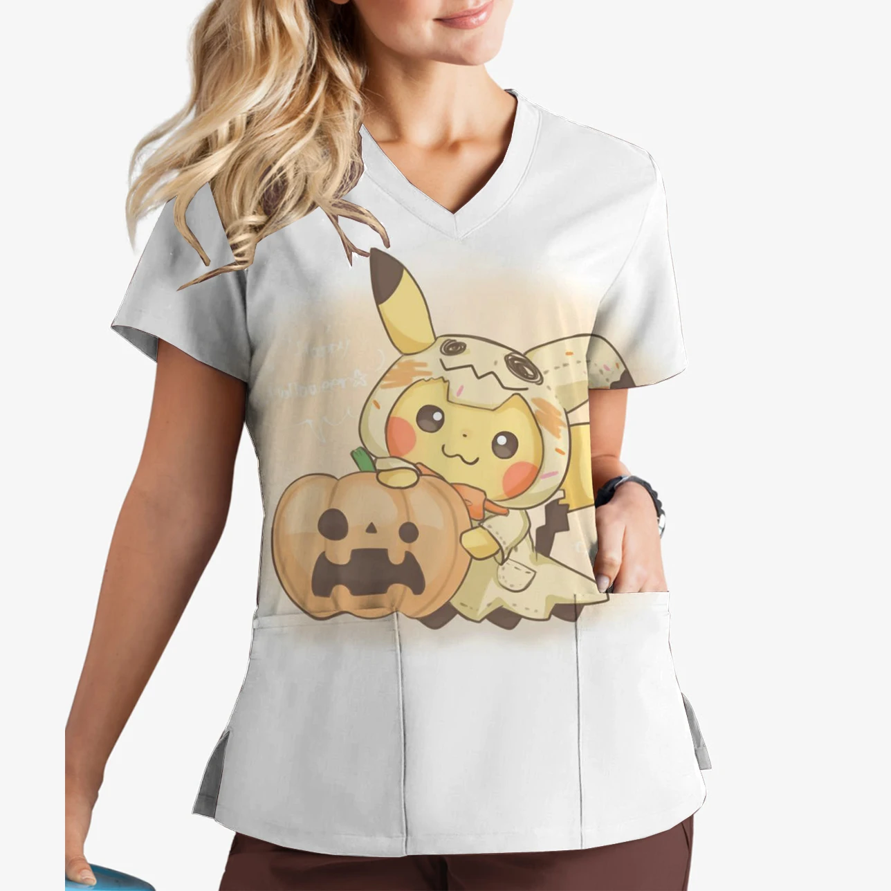 Cartoon Pikachu Print Short Sleeve Top Summer Beauty Salon Nursing Home Women's Nursing Clothes V-Neck Print Scrub Top